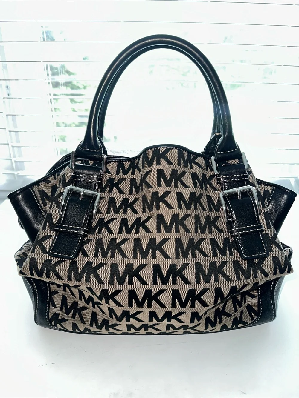 Michael Kors Black and Beige MK Logo Satchel